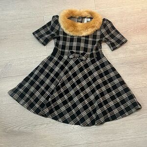 Janie and Jack Black and Tan Plaid Dress with Faux Fur Collar